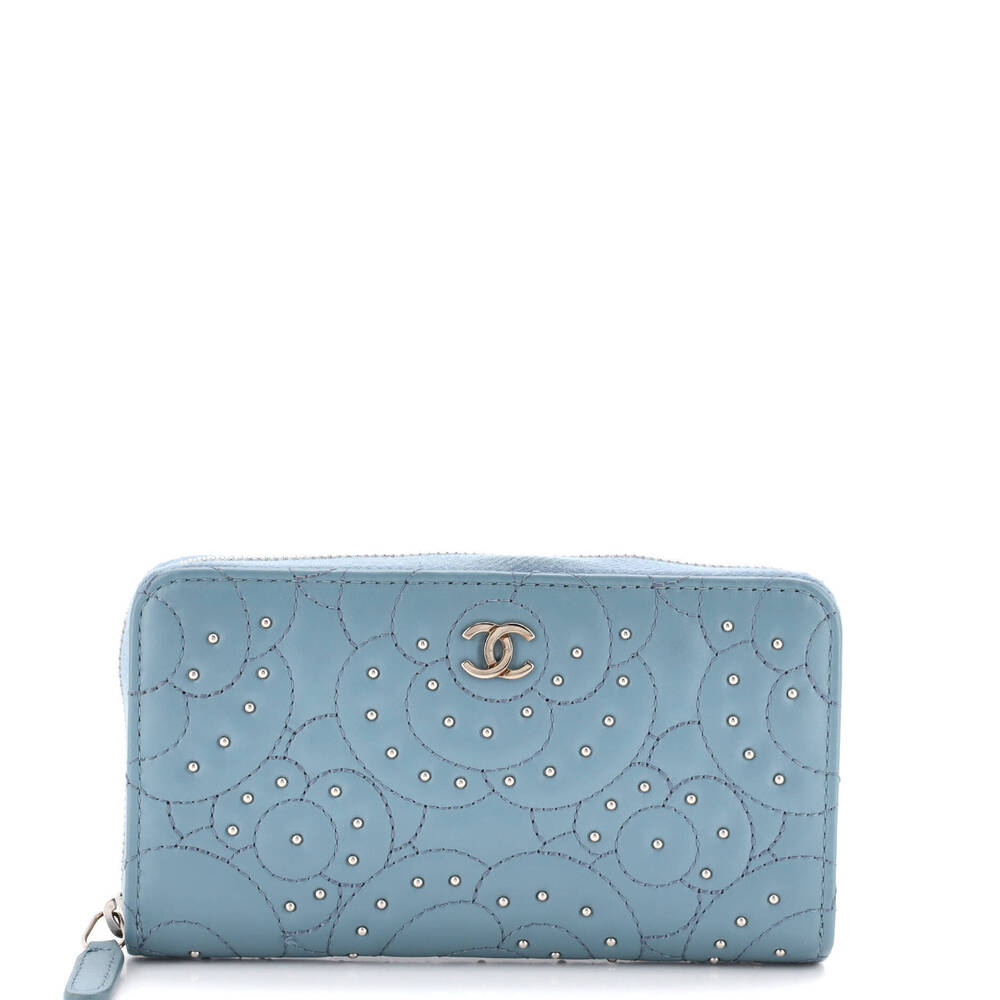 Chanel Long Zip Around Wallet Studded Camellia Lambskin